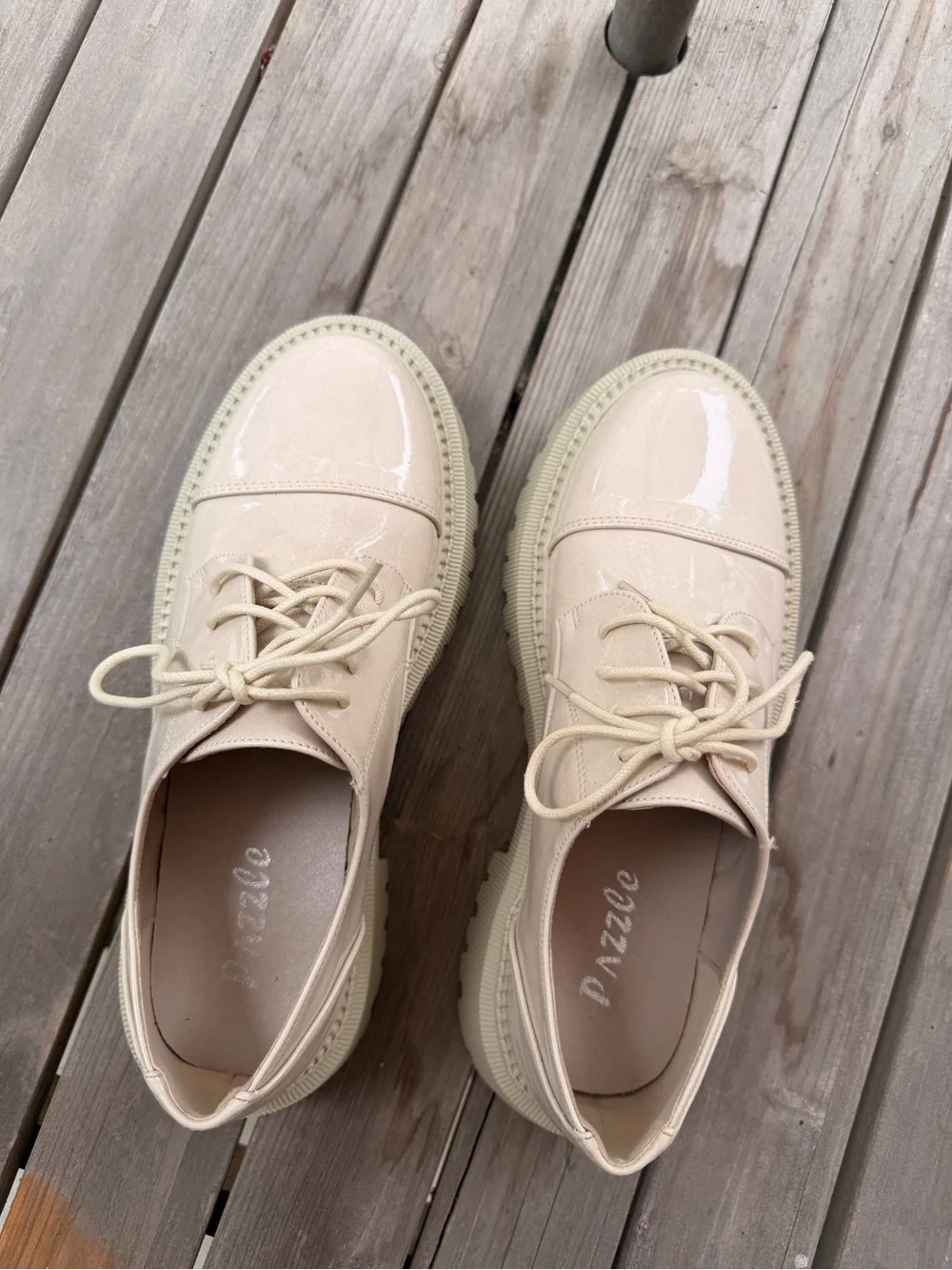 Patent Lace-Up Oxfords in Beige - Women's Chunky Flats